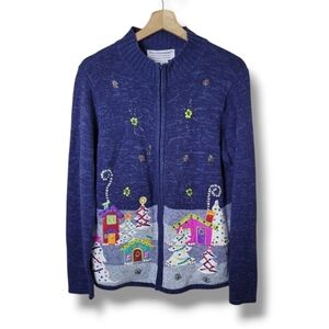 Tiara International Holiday Village Christmas Cardigan Sweater Full Zip